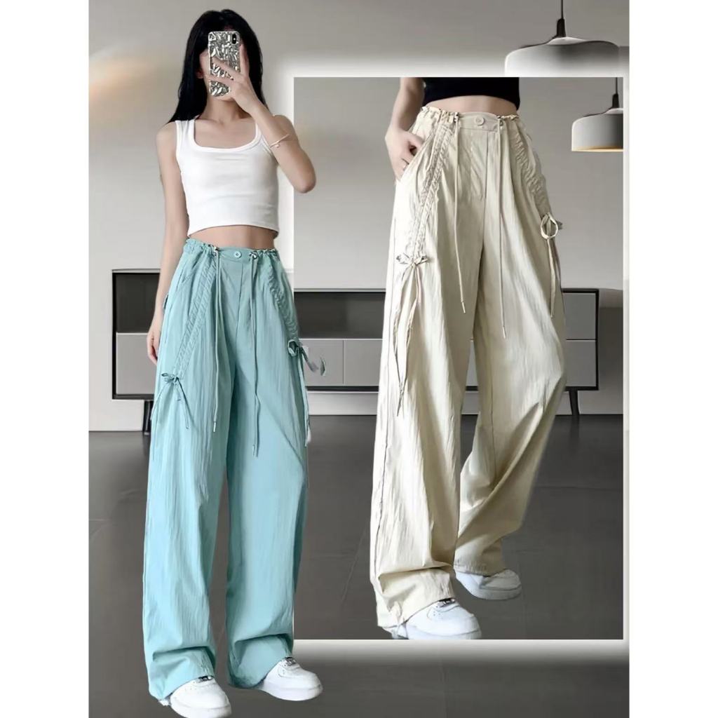 ชุดเอี๊ยมโบว์สำหรับผู้หญิง ดีไซน์เชือกผูก กางเกงขายาวทรงหลวม กางเกงขายาวแห้งไว