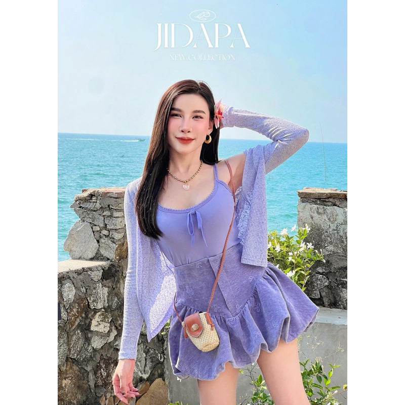 ชุดเซตกางเกงกระโปรงบอลลูน+เสื้อคลุมสีม่วง งานป้าย Jidapa style SizeL ***มือ1ป้ายห้อย