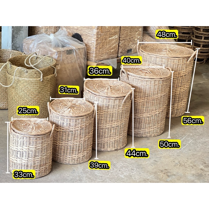 [พร้อมส่ง] ตะกร้าหวายมีฝาปิด ถักมือ สไตล์มินิมอล | ตะกร้าเก็บของ ตะกร้าใส่ผ้า ตะกร้าหวาย (ขนาด A-E)