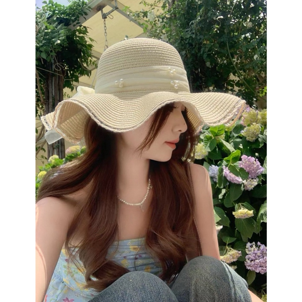 221หมวกปีกกว้างหมวกสาน  หมวกบัคเก็ตกันแดด โบว์ติดมุก  แฟชั่นสำหรับผู้หญิง - รูปที่ 4