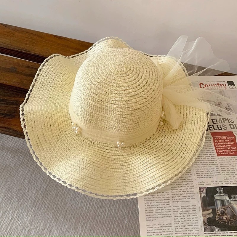 221หมวกปีกกว้างหมวกสาน  หมวกบัคเก็ตกันแดด โบว์ติดมุก  แฟชั่นสำหรับผู้หญิง - รูปที่ 2