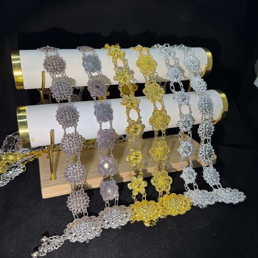 เข็มขัดอีสาน Vintage jewelry ชุดล้านนาไท เข็มขัด เงินโบราณ เอว 39 นิ้ว มี3 สี ทอง/ดำ/เงิน