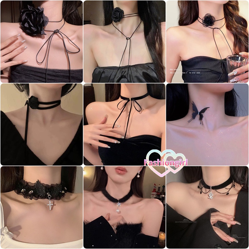 🖤Fashion girl🖤แบล็ค ซีรีย์ สาวเท่ สร้อยคอสไตล์เกาหลี ลายดอกไม้ หลายแบบ เครื่องประดับแฟชั่นผู้หญิง