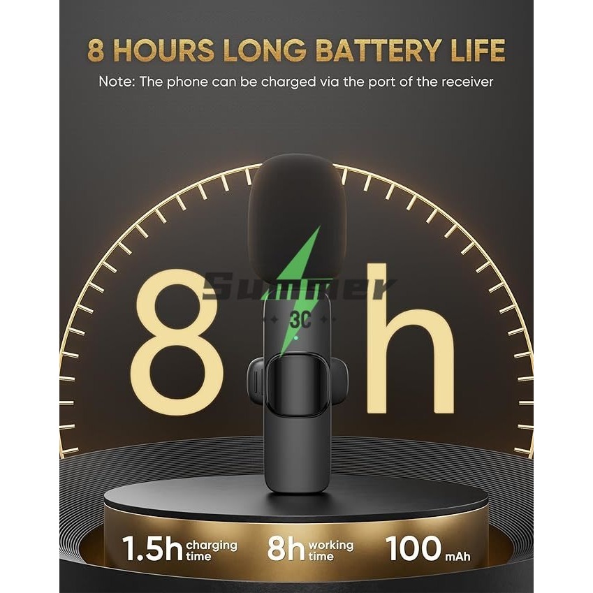 Summer มโครโฟนไร้สายแบบติดปกเสื้อสำหรับ iPhone/Android ไมโครโฟนแบบติดปกเสื้อขนาดเล็กสำหรับการบันทึกวิดีโอ การสัมภาษณ์