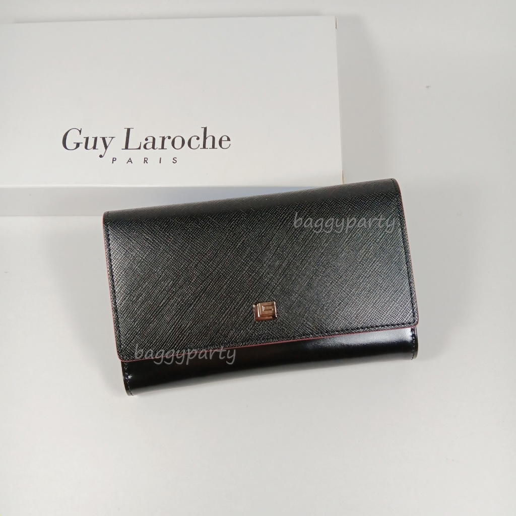 Guy Laroche แท้!! กระเป๋าสตางค์ผู้หญิงใบกลาง สีดำ ขอบแดง สามพับ หนังลาย+หนังเรียบ