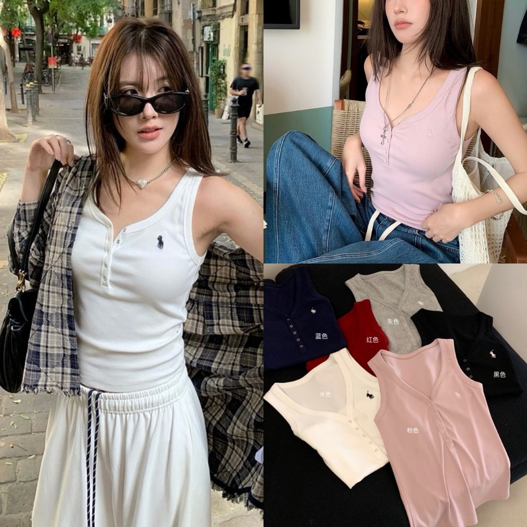 🧡🧵 🇰🇷 W3797 เสื้อแขนกุด คอวี แต่งกระดุม ผ้ายืดงานสวย ทรงน่ารัก แฟชั่นเกาหลี TAG WG.WE 🧵🧡