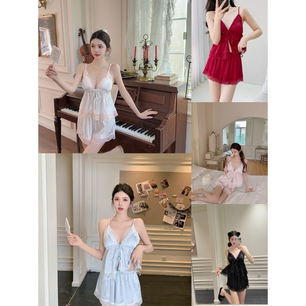 ชุดนอนสายเดี่ยวขอบลูกไม้ เสื้อและกางเกง ผ้าซาตินใส่สบาย#DB034