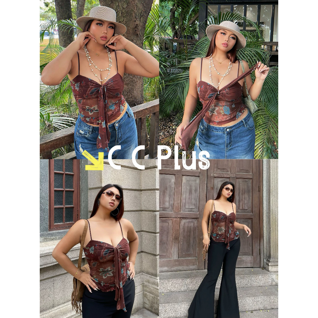 CiCi Plus+(H8856-1) เสื้อสายเดี่ยวสีน้ำตาลเข้ม ผ้าซีทรู สายปรับได้ พิมพ์ลายดอกไม้วินเทจ แถมผ้าผูกโบว์ สไตล์สาวพลัสไซส์