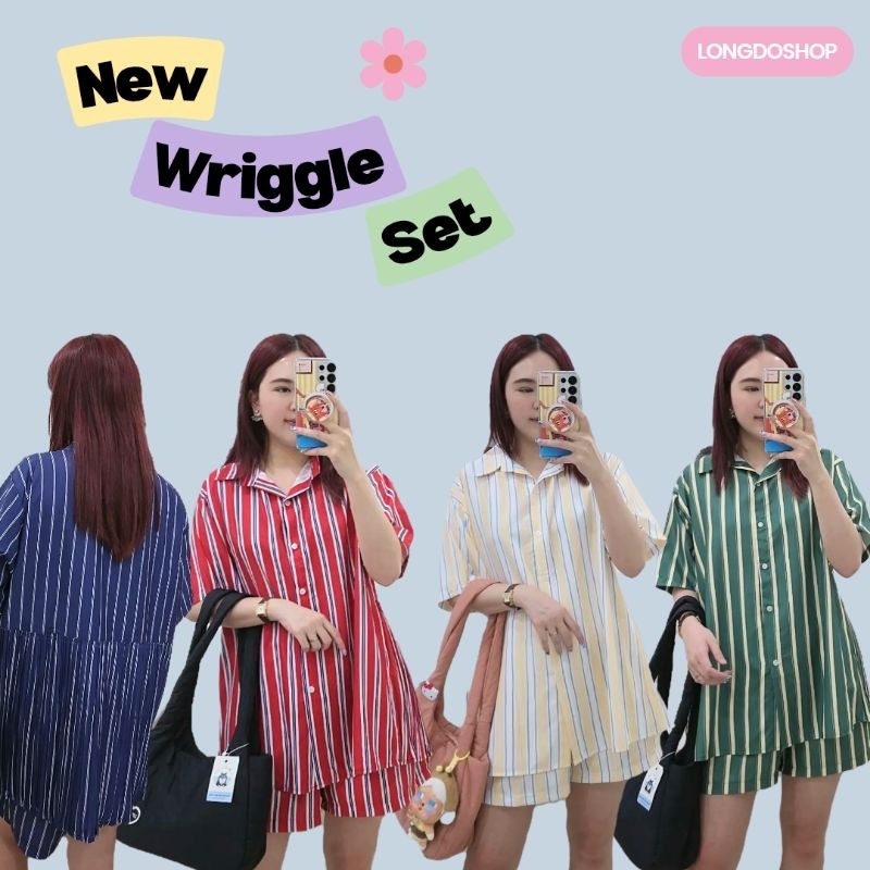 Wriggle set ชุดเซ็ท2ชิ้นลายทางขาสั้น เสื้อเชิ้ตแขนสั้นอัดพลีทครึ่งตัวด้านหลัง+กางเกงขาสั้น