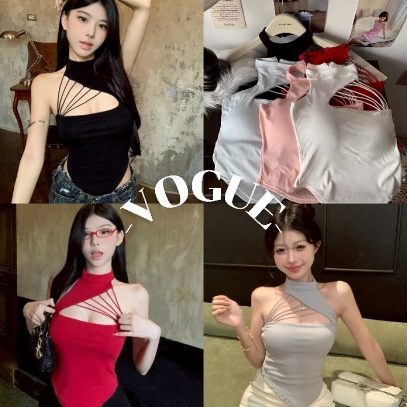 Vogue🌟พร้อมส่ง🌟 เสื้อคล้องคอเว้าหน้าอก มีฟองน้ำ สีพื้นยืดกำลัง (FYL288)