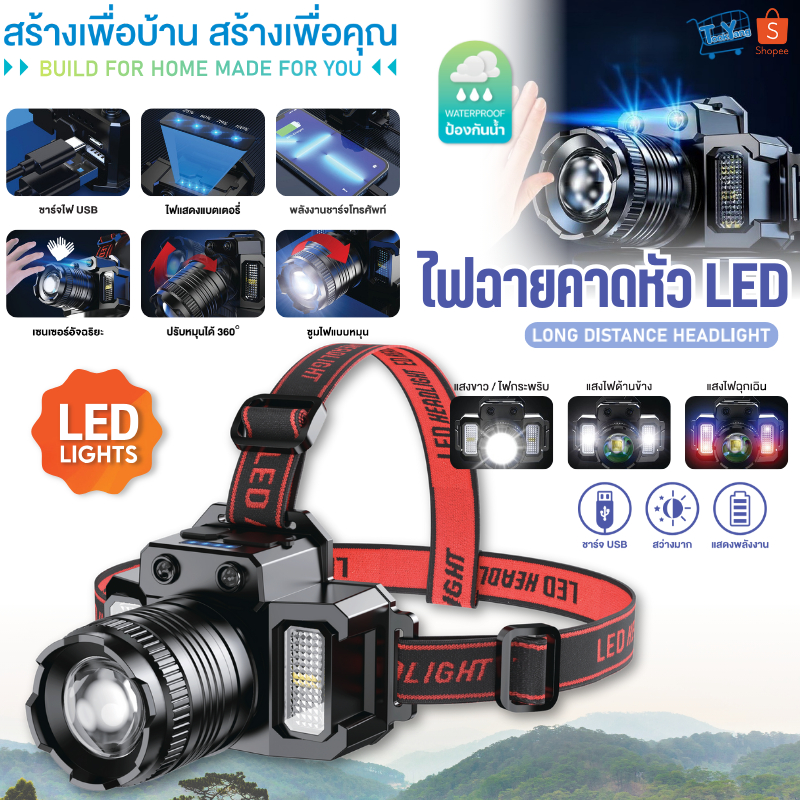 ไฟฉาย ไฟฉายคาดหัว ไฟฉายคาดศีรษะ ไฟฉายส่องสว่างปรับได้ 5 โหมด ไฟฉายส่องทางไกล