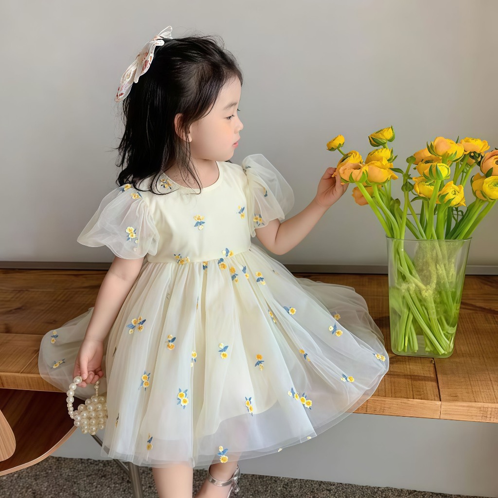 PRINCESS KESLI เด ็ กสาวชุดฤดูร ้ อนสําหรับเด ็ ชุดเดรสเจ้าหญิง แขนสั้น พิมพ์ลายดอกไม้ สไตล์เกาหลี ฤดูร้อน ตาข่ายตูตู