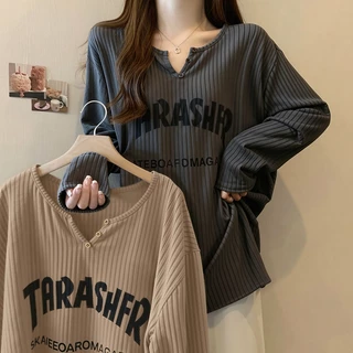 เสื้อยืดโอเวอร์ไซส์ (50-150 กก.) แขนยาว สไตล์เกาหลี คอวี พิมพ์ลายตัวอักษร พลัสไซส์ เสื้อยืด คัตติ้งยาว เสื้อยืดบาง