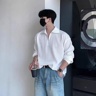 เสื้อผู้ชาย แขนยาว ผ้าลูกฟูก เสื้อโปโล กันหนาว ผ้าลูกฟูก แขนยาว ทรงหลวม สไตล์เกาหลี
