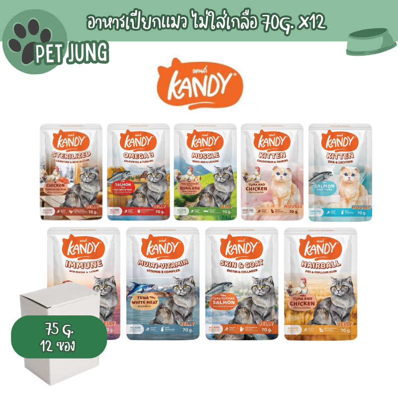 [ยกโหล 12 ซอง] Kandy แคนดี้  อาหารเปียกแมว ไม่ใส่เกลือ ผลิตจากปลาเนื้อขาว ขนาด 70 กรัม