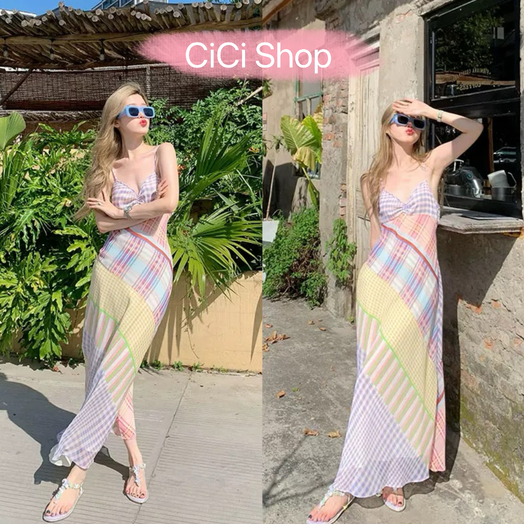 Cicishop(Y6283) เดรสยาวสายเดี่ยวพิมพ์ลวดลายตาราง จั้มอก สายปรับได้ ซิปข้างเก็บหุ่นเข้ารูป แต่งปลายเฉียง