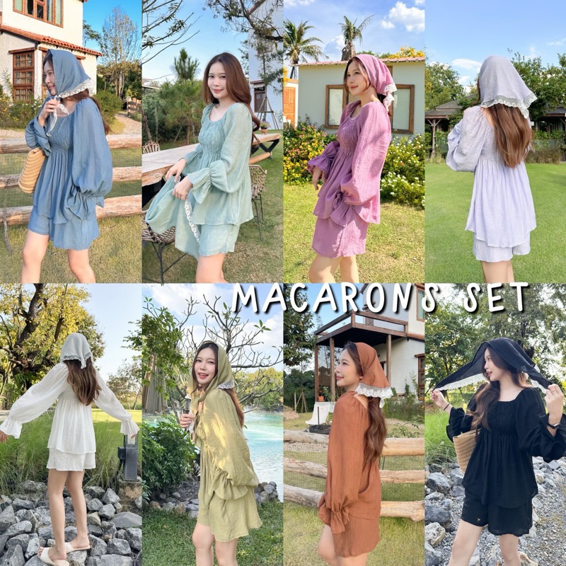 MACARONS SET ชุดเซ็ท3ชิ้น เสื้อแขนยาว สม็อคอก กางเกงเอวยางยืดมีซับใน กระเป๋า2ข้าง+ผ้าโพกผมเข้าเซ็ทผืนใหญ่