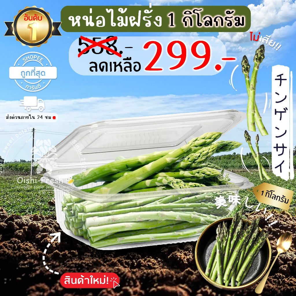 🛒Oishi-Fresh 🥬หน่อไม้ฝรั่ง ปลอดสารพิษ 1 กก. รสชาติกรอบ สด ใหม่ ใยอาหารสูง หวานออร์แกนิค เคลมได้ 1-2 วัน