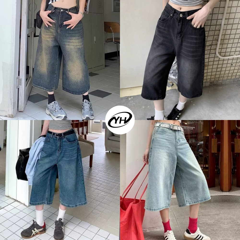 💥YH#8125💥มีไซซ์ S-3XL💥กางเกงขากระบอก กางเกงยีนส์ขาสั้น ทรงหลวมขากว้าง เอวสูง สไตส์วินเทจ