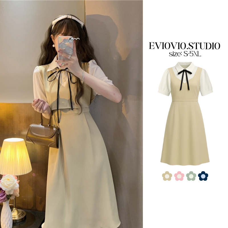 【EVIOVIO】S-5XL เดรสสไตล์เกาหลี แขนสั้น คอปก ผูกโบว์ เอวเข้ารูป 2 in 1 เดรสสาวอวบ พลัสไซซ์ เดรสออกงาน