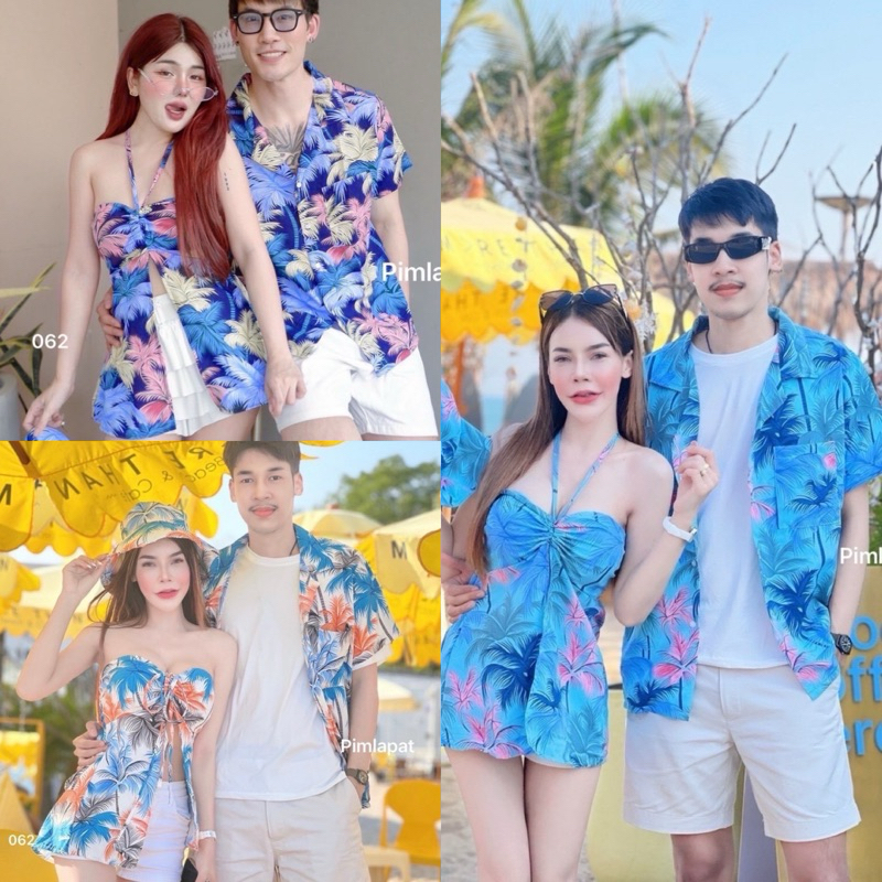 ชุดคู่รัก เสื้อเกาะอก มาพร้อมหมวก+เสื้อฮาวายผู้ชาย  ลายทะเล เหมาะกับซัมเมอร์นี้