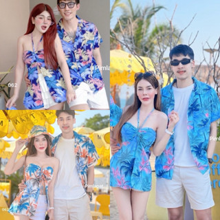 ชุดคู่รัก เสื้อเกาะอก มาพร้อมหมวก+เสื้อฮาวายผู้ชาย  ลายทะเล …