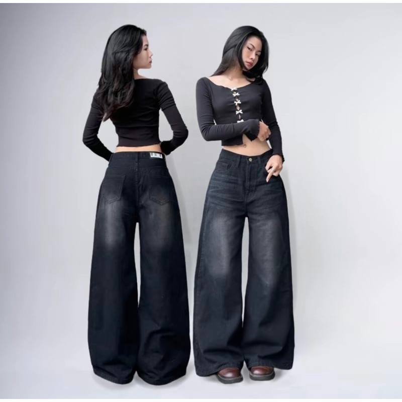 BAGGY JEANS  กระบอกใหญ่สีดำฟอกเฟด