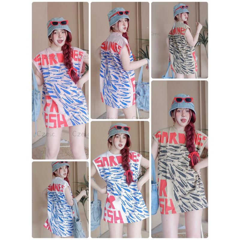 เสื้อกล้ามไหล่ล้ำ ลายปลา เสื้อยืด เสื้อวินเทจ เสื้อน่ารัก