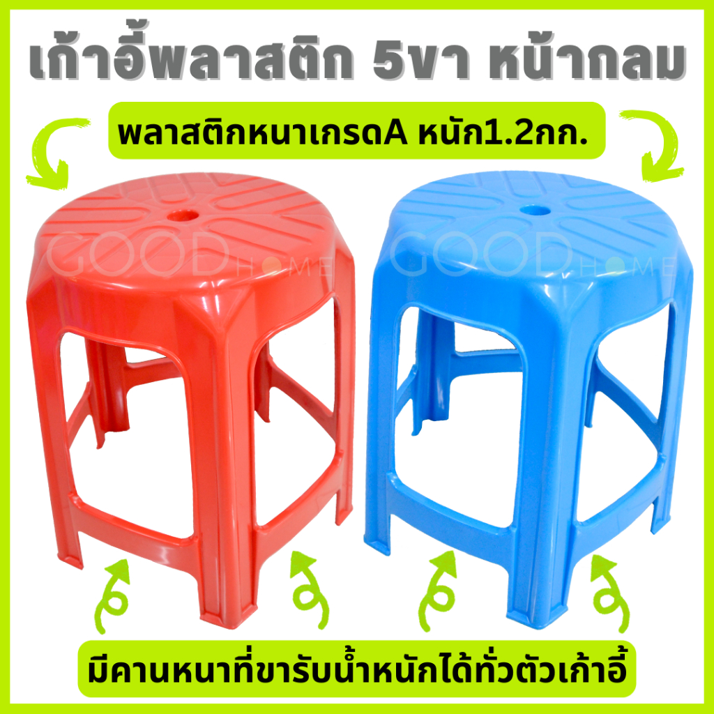 GOODHOME เก้าอี้พลาสติก5ขาหน้ากลมเกรดA หน้ากว้างและน้ำหนักมากกว่าร้านอื่น เก้าอี้พลาสติกห้าขาหัวโล้น