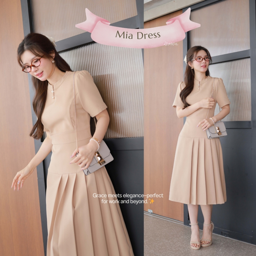"Romi"Oil" Mia Dress (Cream) J145 ชุดเดรสสีน้ำตาลครีม (คอจีนแต่งกระดุมมุกกระโปรงยาว)