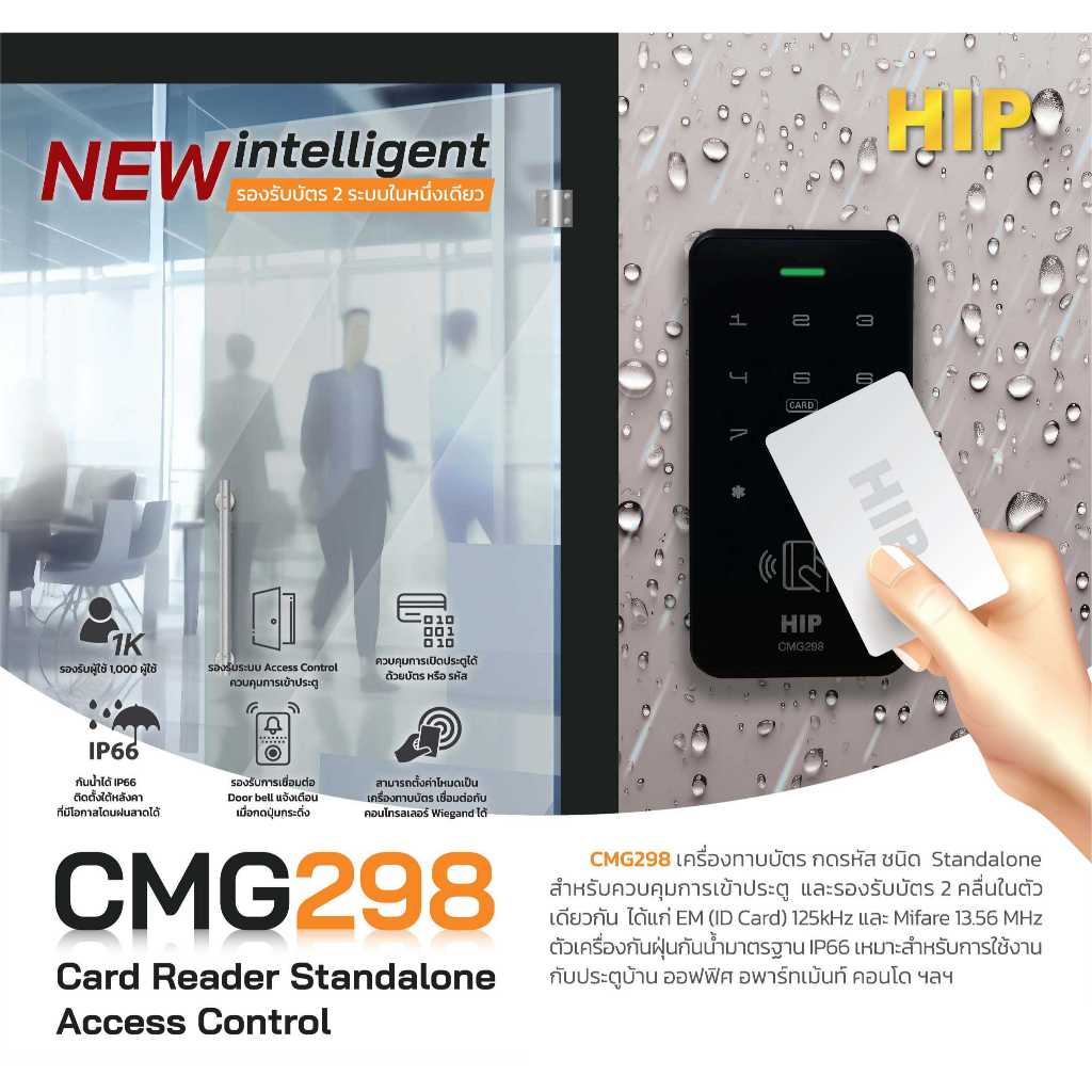 HIP CMG298 กันน้ำ รองรับบัตรทั้ง ID และ MiFare เครื่องทาบบัตร กดรหัส เปิดประตู