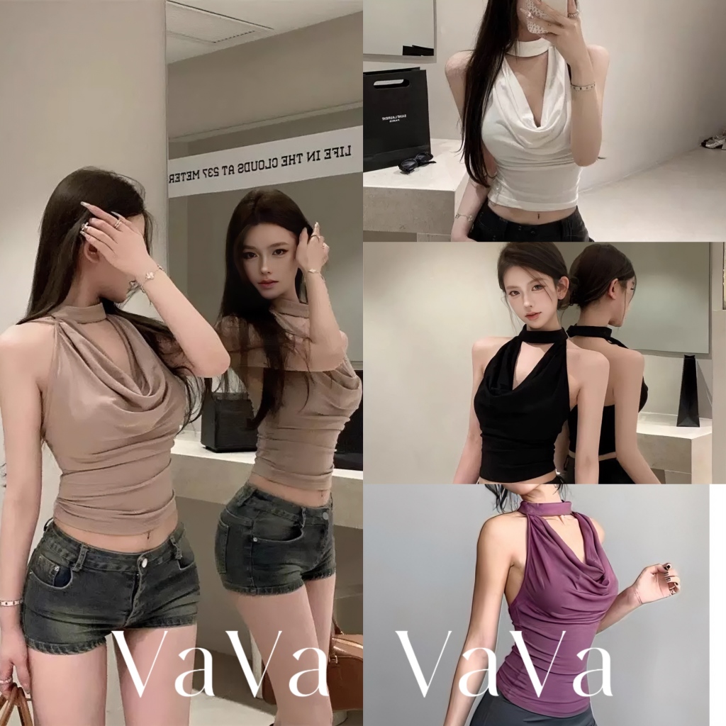 VaVa【ในสต็อก】เสื้อกั๊กคอวีผู้หญิง ทรงเข้ารูป แขนสั้น เซ็กซี่ เปิดหลัง มีสีขาวหรือสีดำให้เลือก