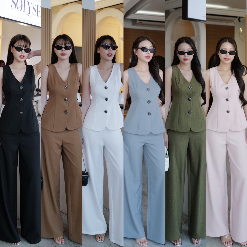 INTUON พร้อมส่ง #4790 เชตเสื้อเวสสูทแขนกุดกระดุมหน้าคอวี กระดุมลายดอกไม้ มีชับใน + กางเกงขายาว (INT2