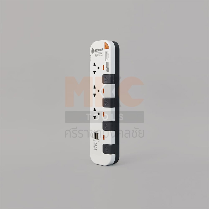 ปลั๊ก 3 ทาง+2USB 4 สวิทซ์ ขนาด 3เมตร/5เมตร WG (รุ่น P3375USB-3M/P3375USB-5M) TOSHINO