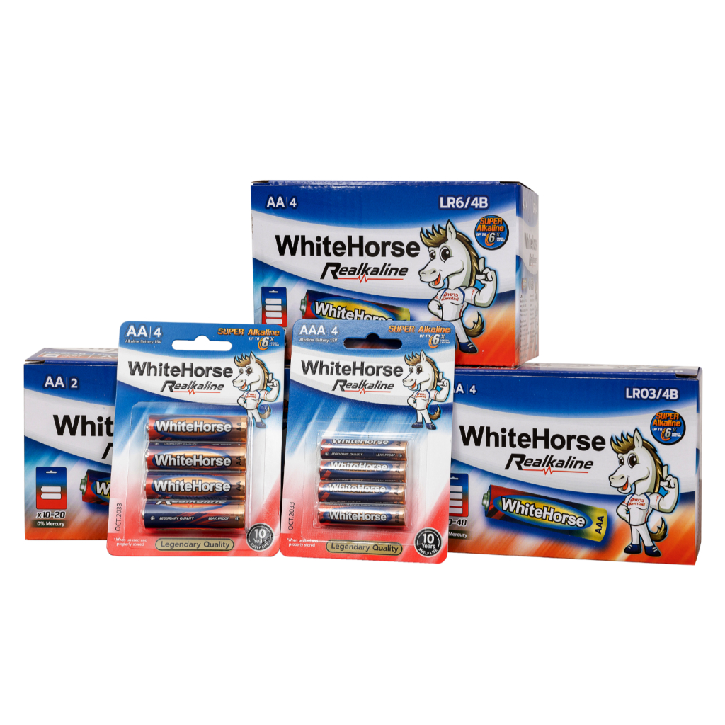 ถ่านอัลคาไลน์ LR6 ขนาด 1.5V AA  1 กล่อง 10 แพ็ก (แพ็กละ 2 ก้อน) แบรนด์ Whitehorse(ม้าขาว)
