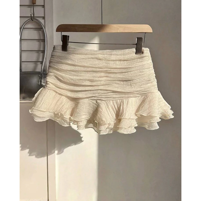 กระโปรงสั้น จับจีบ ฉัตรเลเยอร์ ผู้หญิงสีทึบ ผ้าไหมทอ Multi-Layered Ruffle Hem กระโปรงสั้นมินิ สวยตรงปก
