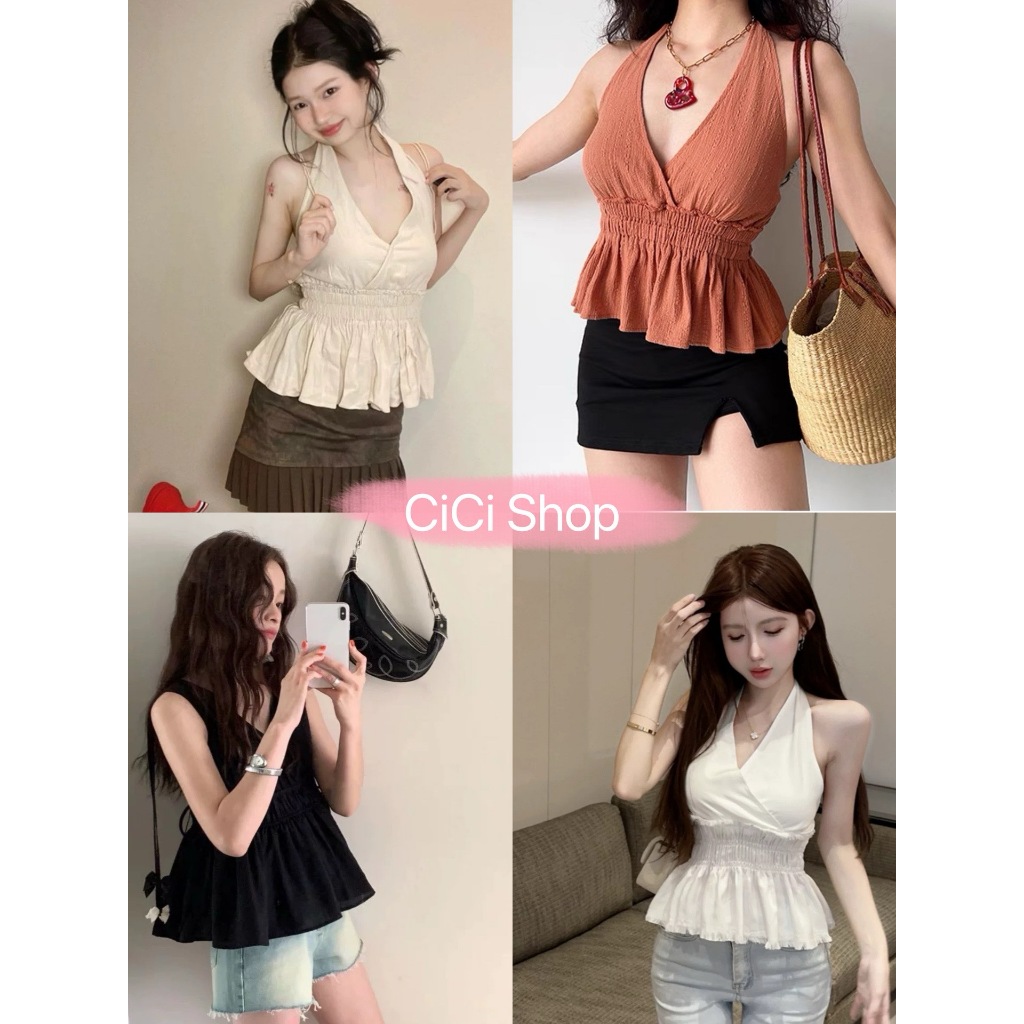 Cicishop(J2087) เสื้อคล้องคอผ้าฝ้ายแข็งแหวกหน้า สม็อคหลัง สีพื้น สไตล์สาวแซ่บ