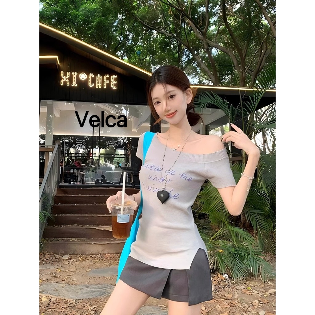 Velca 100%cotton เสื้อยืดผู้หญิง เสื้อปาดไหล่  เสือใส่สบาย  ทรงหลวม แบบบาง