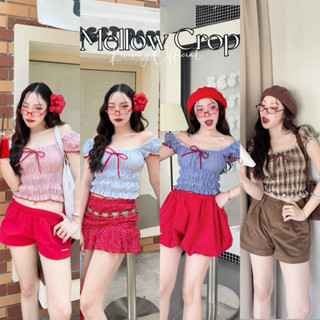 Mellow Crop เสื้อครอปแขนตุ๊กตาผู้หญิง แต่งจั๊มลายทาง ผูกโบว์…