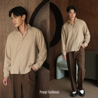 เสื้อเชิ้ตครอปชายโค้ง ลายริ้ว หน้าสั้นหลังยาว Unisex Prompt Semi Crop Stripe Shirt มีไซส์ 40/44/48"