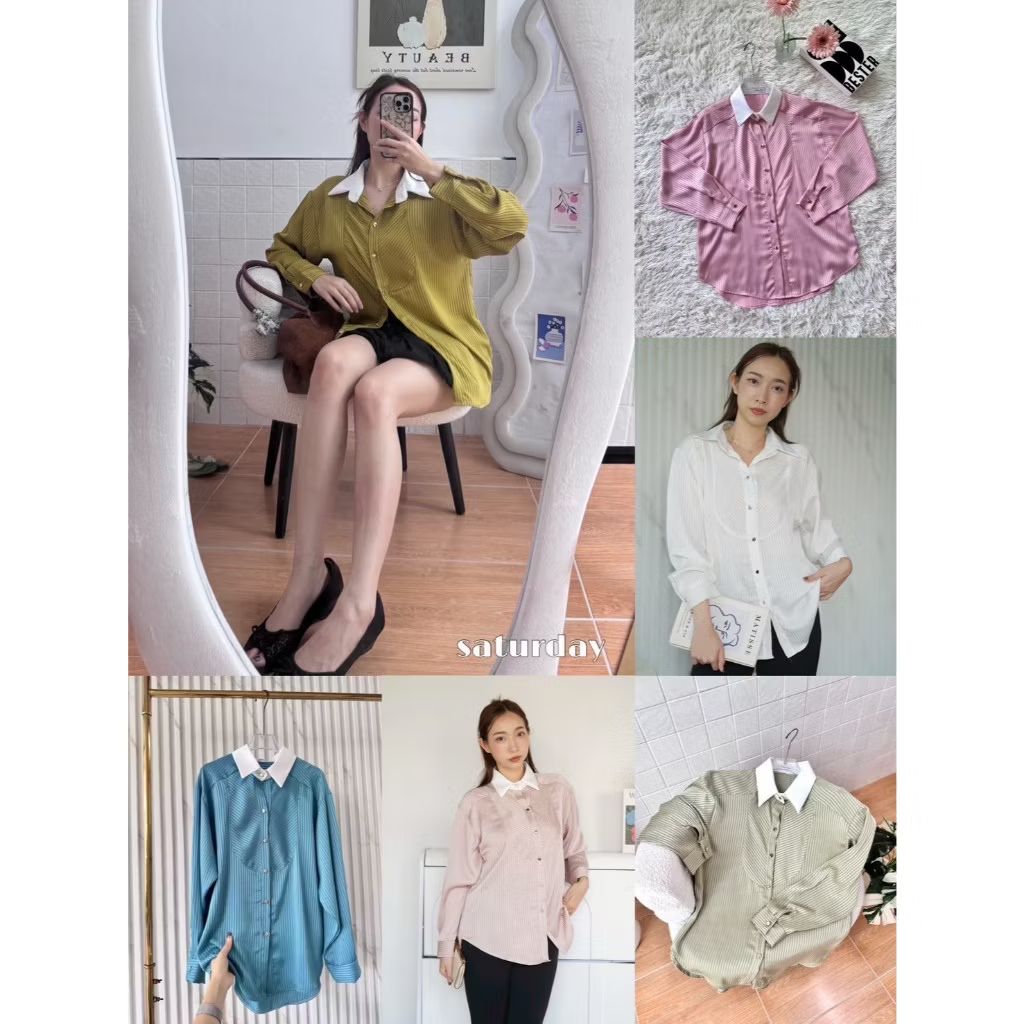 ป้าย Saturday เสื้อเชิ้ตผ้าซิลคอตตอนลายริ้วแต่งปกขาว อก 42 นิ้ว ยาว 26 นิ้ว