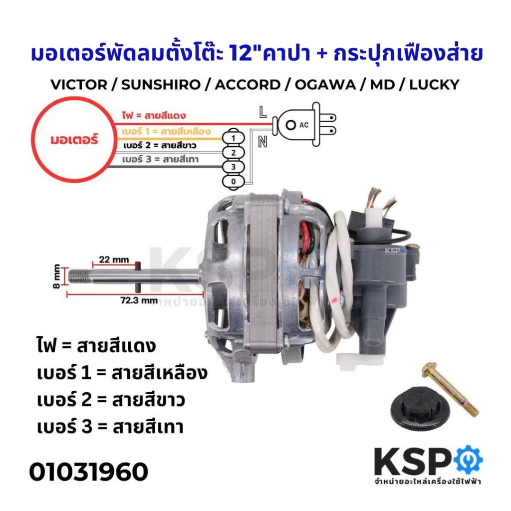 มอเตอร์พัดลมตั้งโต๊ะ 12" นิ้ว VICTOR / SUNSHIRO / ACCORD / OGAWA / MD / LUCKY พร้อม คาปา + กระปุกเฟืองส่าย อะไหล่พัดลม
