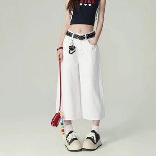 Swan shop กางเกงยีนส์ขา6ส่วน สีกากี/สีขาว ผ้ายีนส์ไม่ยืดนิ่มดีใส่สบาย วินเทจ แนวสวยสุดฮิตวัยรุ่นมากๆ