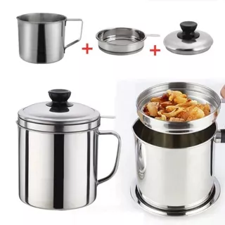 หม้อกรองน้ำมันสแตนเลส พร้อมตะแกรงรอง สแตนเลส304 ไม่เป็นสนิม ทนความร้อนจุ1.3L หม้อเก็บน้ำมัน