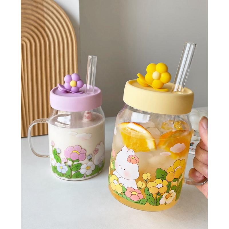 แก้วน้ำ แก้วใสมีหูจับใบใหญ่ ลายดอกไม้และน้องหมี 🐻 แก้วกาแฟ แถมหลอด‼️ - รูปที่ 5
