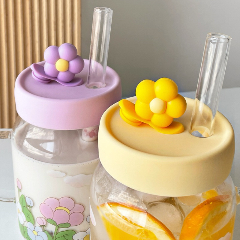 แก้วน้ำ แก้วใสมีหูจับใบใหญ่ ลายดอกไม้และน้องหมี 🐻 แก้วกาแฟ แถมหลอด‼️ - รูปที่ 6