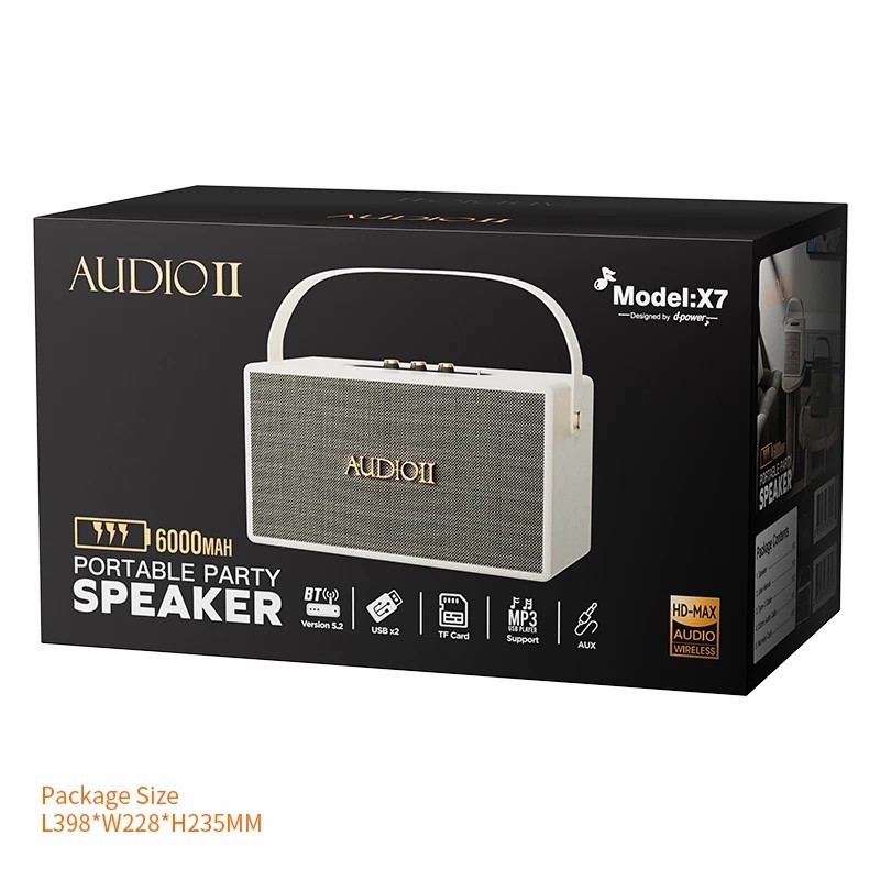 d-power ลำโพงบลูทูธ Audio II รุ่น X7 60 วัตต์ เชื่อมต่อ 2 ตัวได้ รองรับไมค์โครโฟนสาย ประกัน 1 ปี
