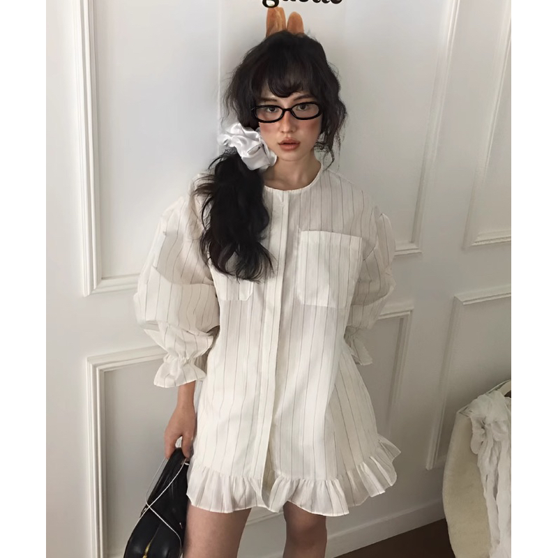 [3856] เสื้อกระดุมหน้าลายทาง