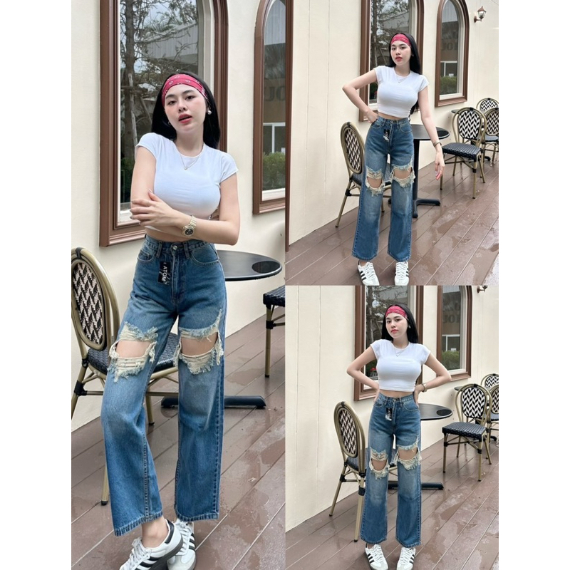 (S-XL) กางเกงยีนส์สีสนิมฟอก ผ้าไม่ยืด แต่งขาดเซอร์ Atom jeans