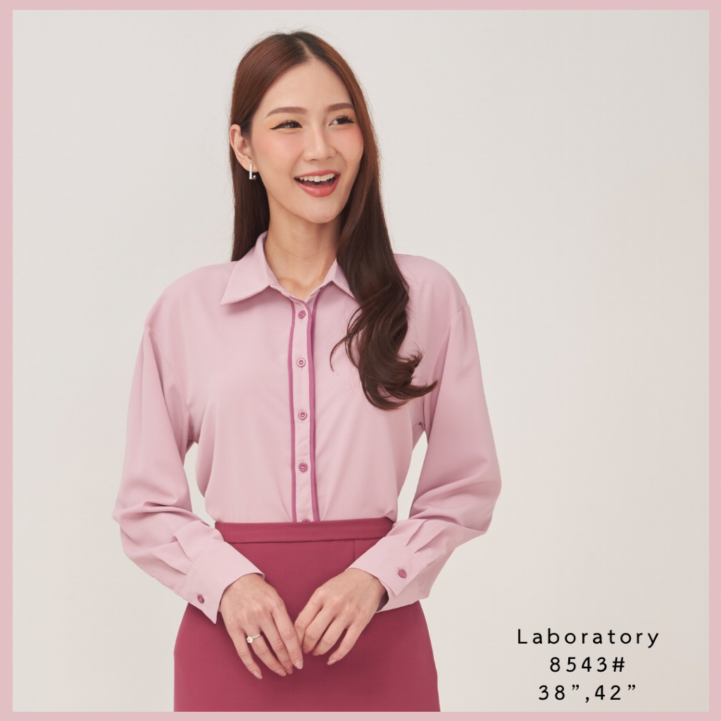 Laboratory 8543# เสื้อเชิ้ตแขนยาวทรง oversized สีพื้น แต่งกุ้นสาบเสื้อ มีไซส์ 38“,42”